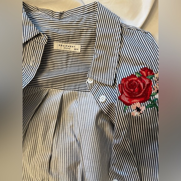 Equipment Black & White Stripped Tunic Button Down with Embroidered Flower - Picture 2 of 5